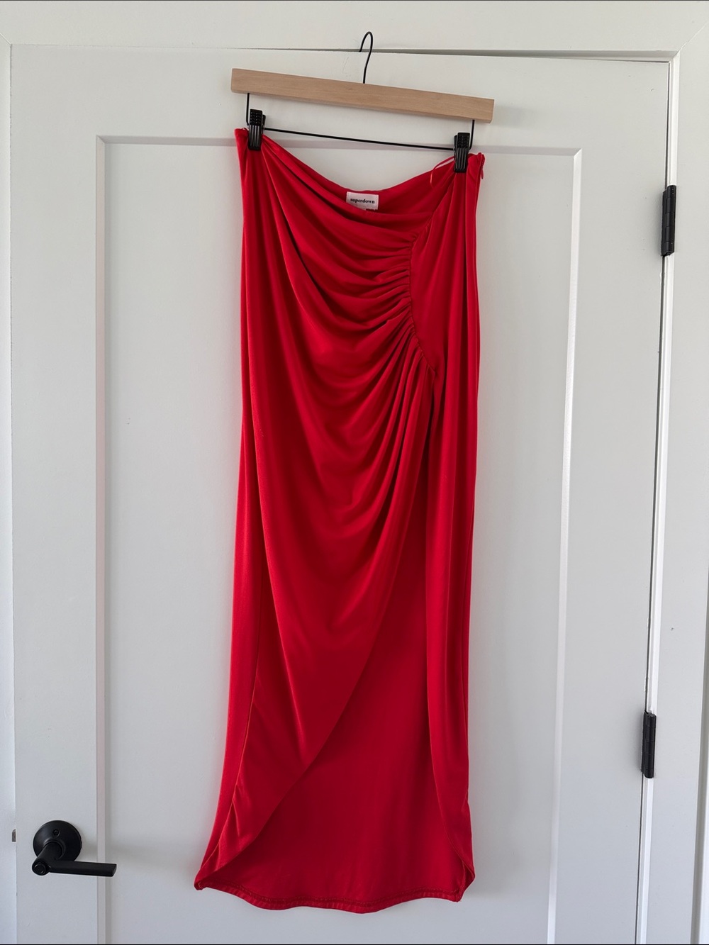 Revolve High Slit Red Midi Skirt - Women's Stylish Ruched Design